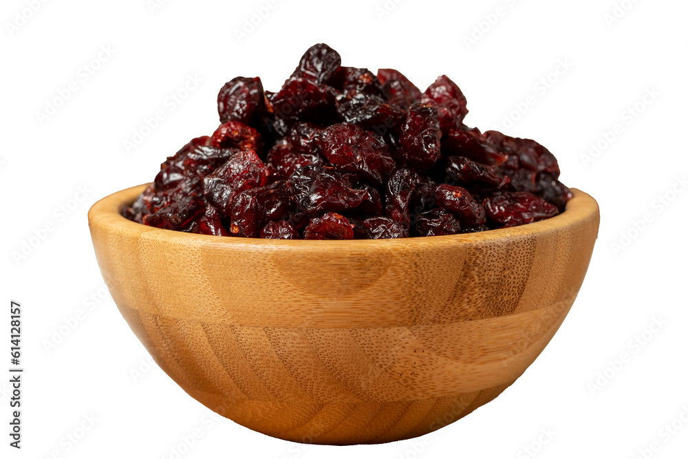 Dried Cranberry in bowl. Organic farm products. Sun-dried Cranberry isolated on white background Dried Cranberry in bowl. Organic farm products. Sun-dried Cranberry isolated on white background
