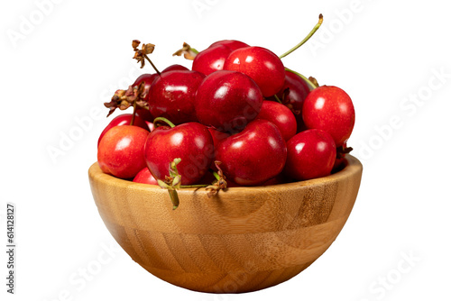 Cherry in bowl. Organic farm products. Fresh cherry isolated on white background. Close up