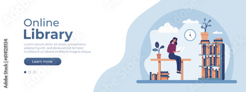 Online library concept. Vector layout for website page. Vector banner for website, home page or for your design. Media book library concept. Vector illustration EPS 10