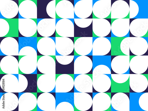 Geometric abstract seamless pattern with colorful simple elements of geometry, wallpaper background in retro 70s style, Bauhaus constructive style tiles.