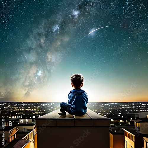 Young stargazer explores night sky with wonder, spotting planets, moons, and constellations. Breathtaking Milky Way backdrop.