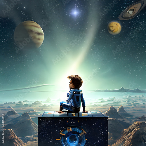 Captivating child immersed in enchanting miniature planets, creating a personal galaxy. Stock photo magic