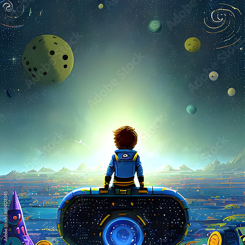 Captivating child explores a mini galaxy, mesmerized by suspended planets. A celestial wonder for your imagination. 