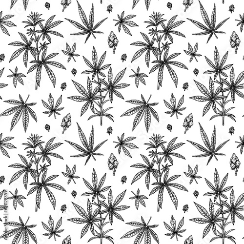 Cannabis leaves, branches and buds seamless pattern. Marijuana hand drawn vintage background. Vector illustration in sketch style. Weed engraving design