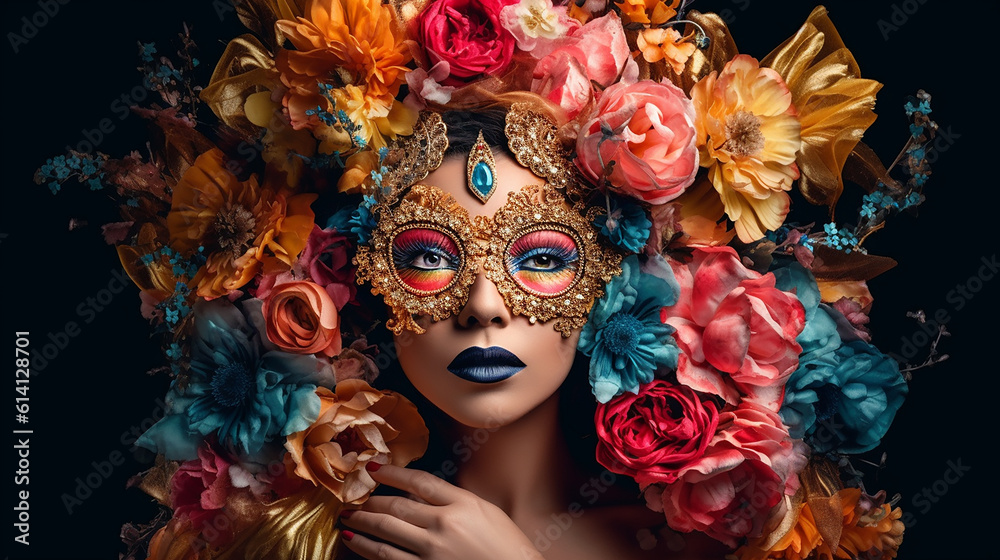 Generative AI. Beautiful woman with a Venice mask with a lot of flowers
