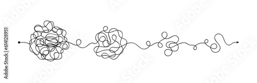 Simplifying complex process, problem solution and idea searching concept. Messy continuous lines in tangles. Process of problem solving and simplifying. Knowledge, creative idea and clarity. Vector