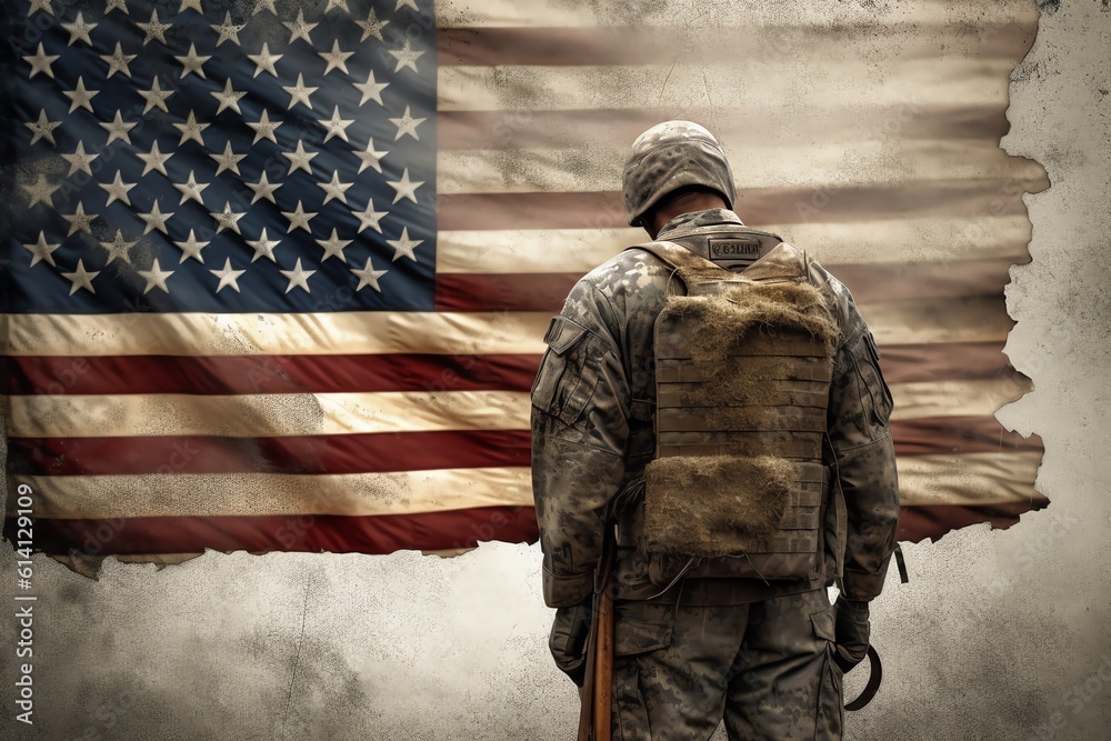 A soldier looking at a tattered american flag. generative AI A soldier looking at a tattered american flag. generative AI