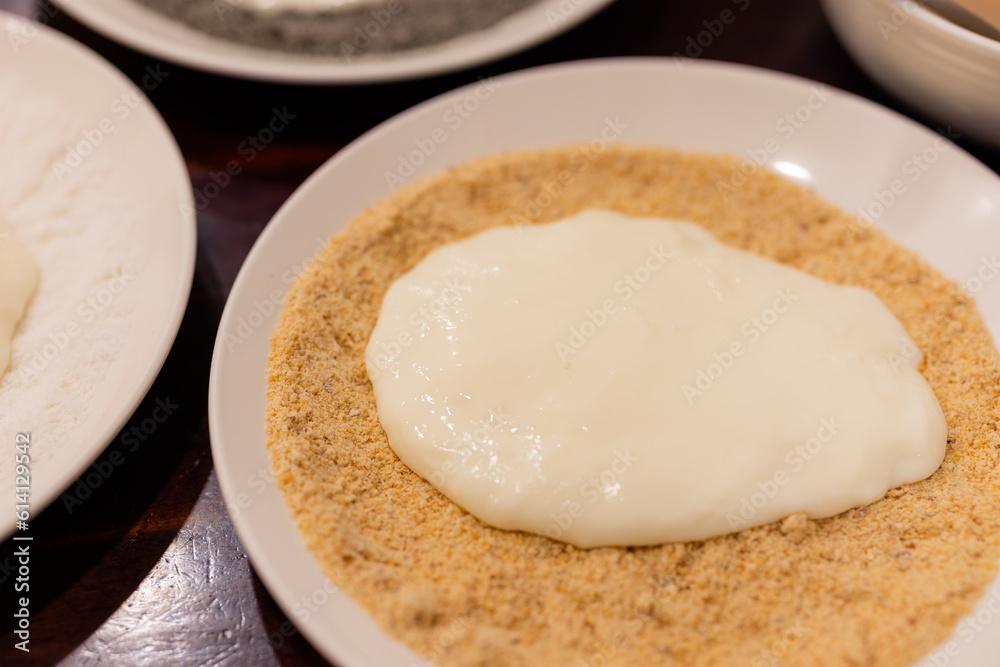 Mochi dough with milk and peanut sesame dessert