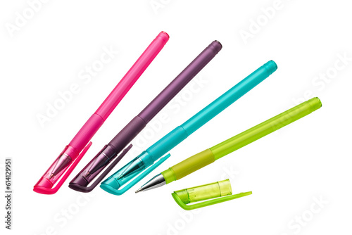 Several bright ballpoint pens of different colors with a closed cap on a white background