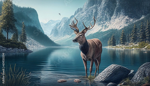 Illustration of a deer standing on an isolated lake