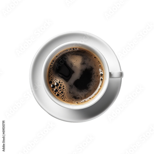A full hot black coffee cup mug seen from above, top view isolated on a transparent background, Generative AI