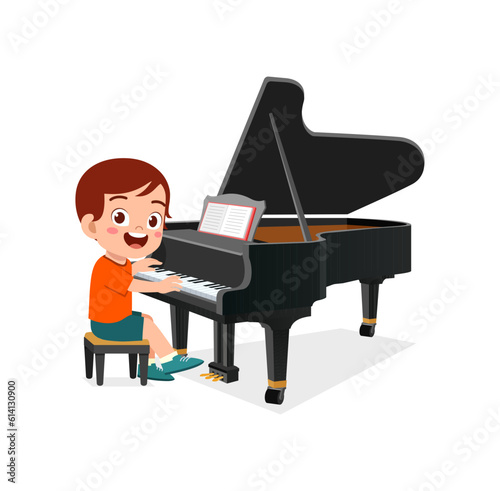 little kid play piano and feeling happy