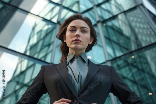 A close - up shot of a professional businesswoman with a glass high - rise building as the backdrop, symbolizing progress and ambition. Generative AI © Mustafa