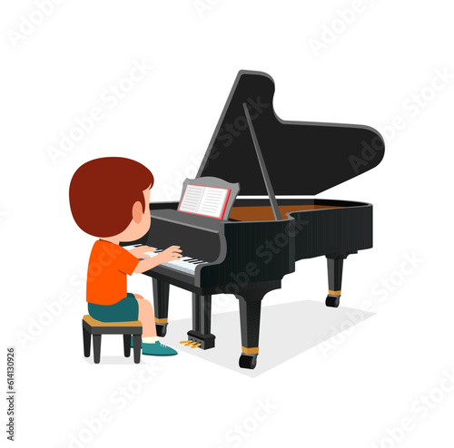 little kid play piano and feeling happy