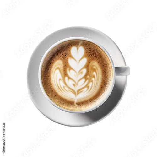 A full hot coffee/latte cup mug with a design seen from above, top view, isolated on a transparent background, Generative AI
