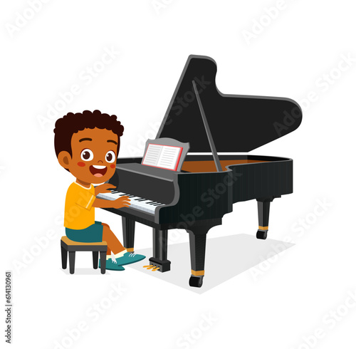 little kid play piano and feeling happy
