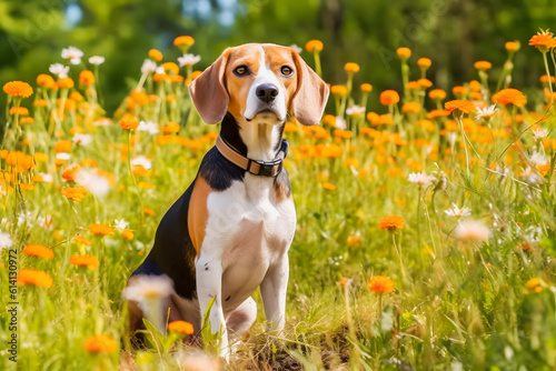 Enchanting Moments: Beagle Captivated by a Blossoming Flower Field