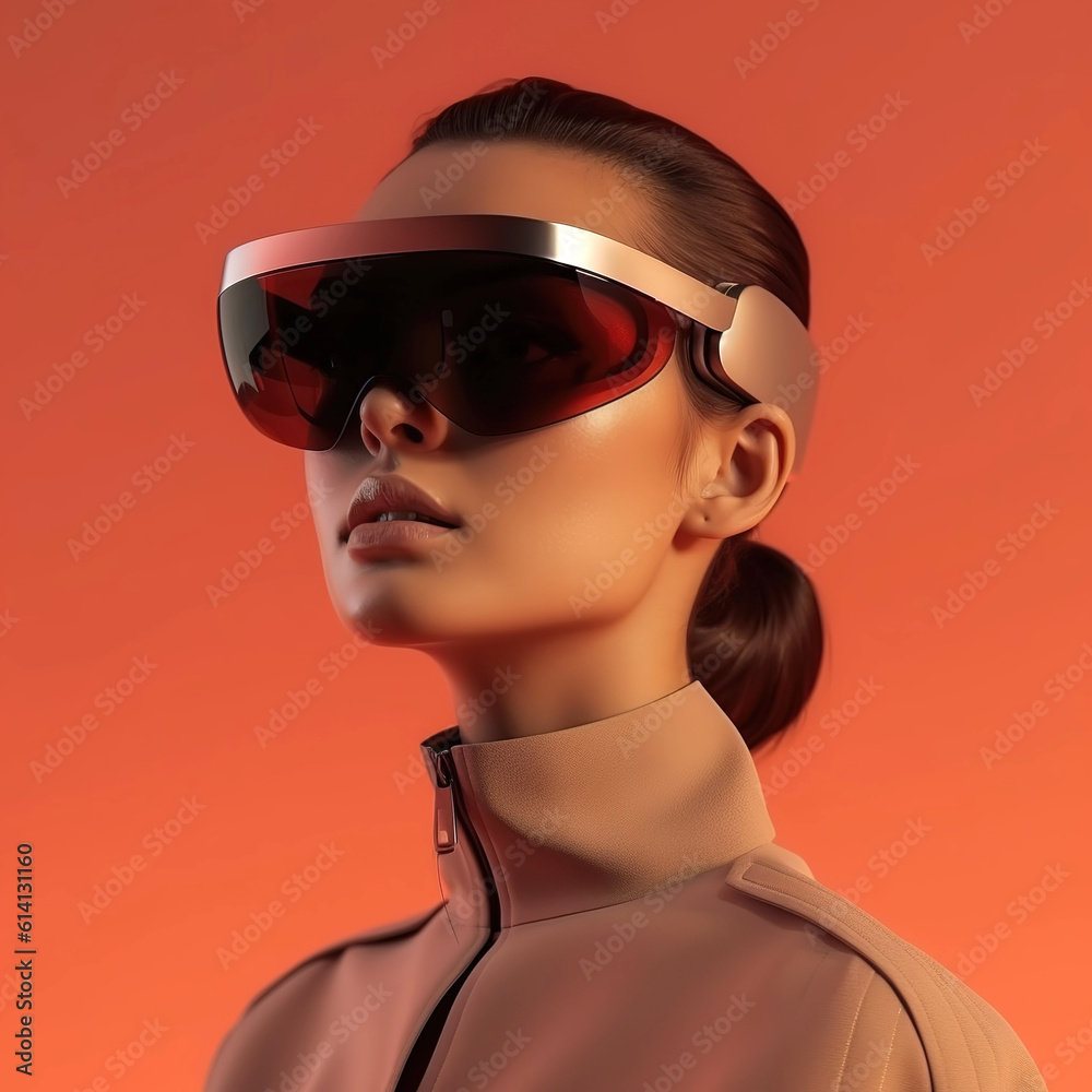 Pretty girl wearing VR glasses on orange background. Future technology concept. created with generative AI technology. Pretty girl wearing VR glasses on orange background. Future technology concept. created with generative AI technology.