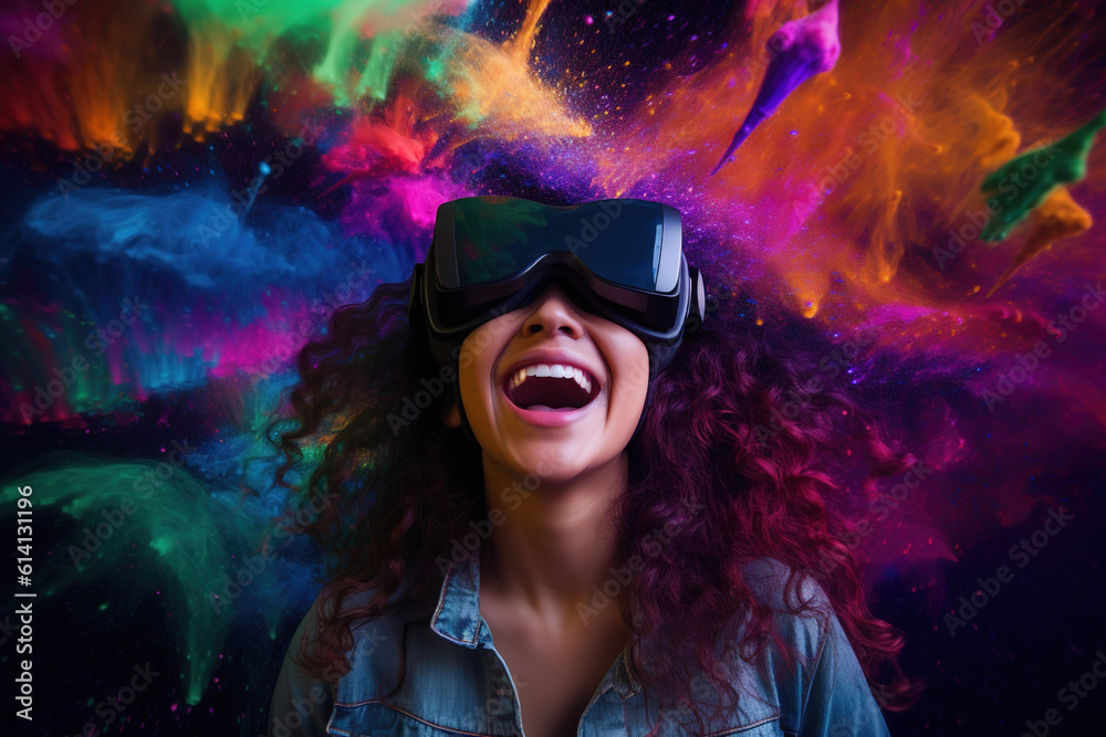 Young girl wearing virtual reality goggles. Dreamy colored powder background. Future technology concept. created with generative AI technology.