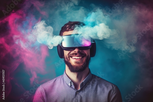 Portrait of a young man wearing virtual reality goggles on dreamy colorful smoke background. Future technology concept. created with generative AI technology.