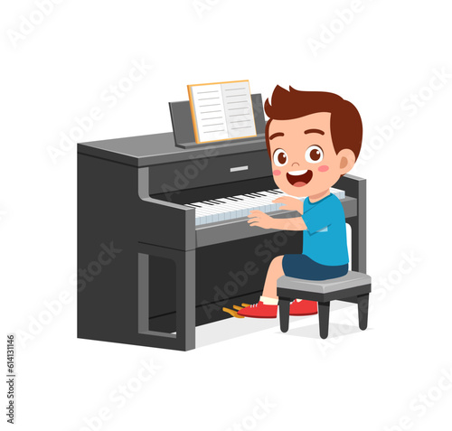 little kid play piano and feeling happy