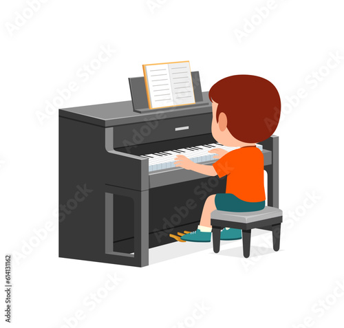 little kid play piano and feeling happy