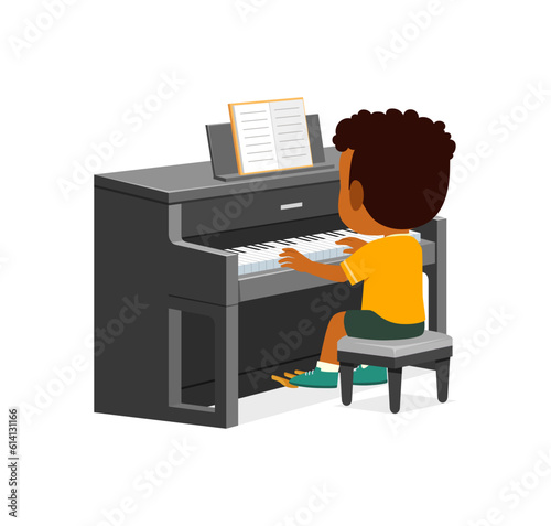little kid play piano and feeling happy