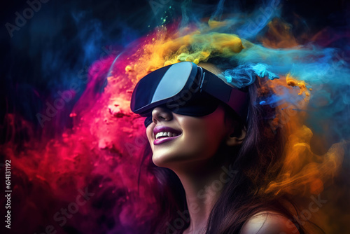 Young girl wearing virtual reality goggles. Dreamy colored powder background. Future technology concept. created with generative AI technology. © hakule