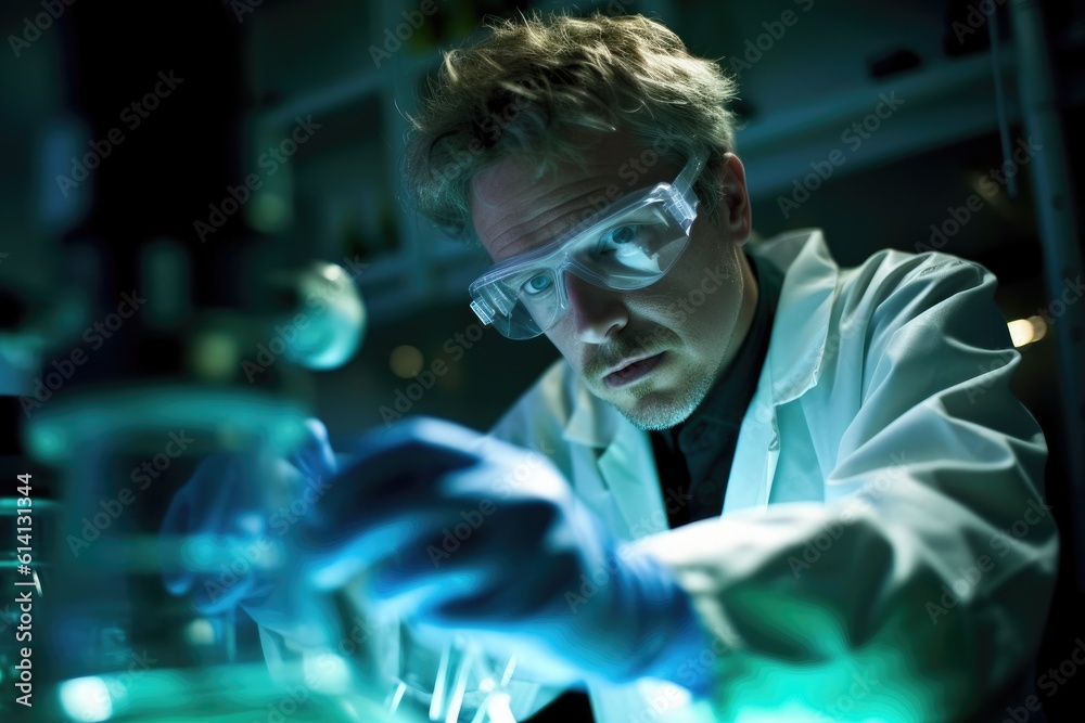 A close - up shot of a scientist in a laboratory, wearing protective goggles and examining a test tube. Generative AI A close - up shot of a scientist in a laboratory, wearing protective goggles and examining a test tube. Generative AI