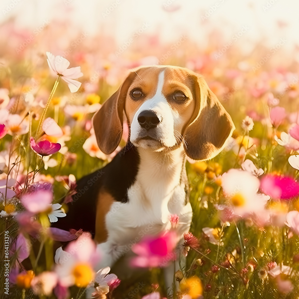 Floral Delight: Beagle Immersed in a Beautiful Flower-Filled Landscape