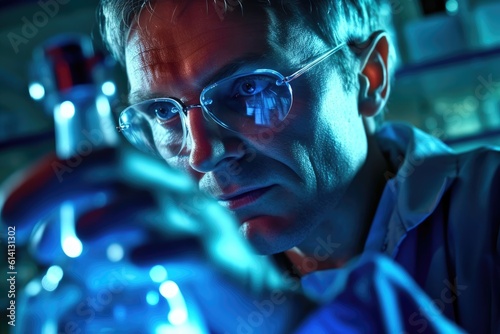 A close - up shot of a scientist in a laboratory, wearing protective goggles and examining a test tube. Generative AI