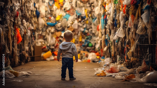 プラスチック廃棄物を見る子供GenerativeAI
