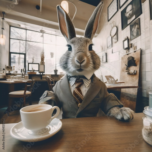 stylish rabbit wearing suit and tie with fisheye lens at cafe, made with generative ai