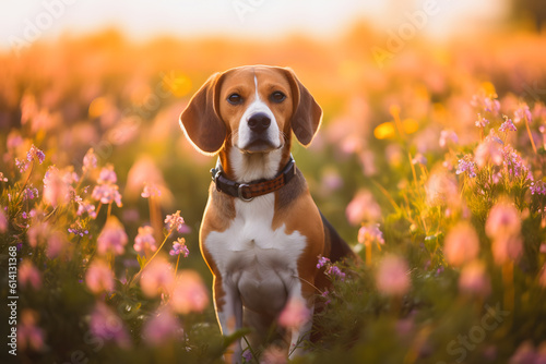 Floral Delight: Beagle Immersed in a Beautiful Flower-Filled Landscape