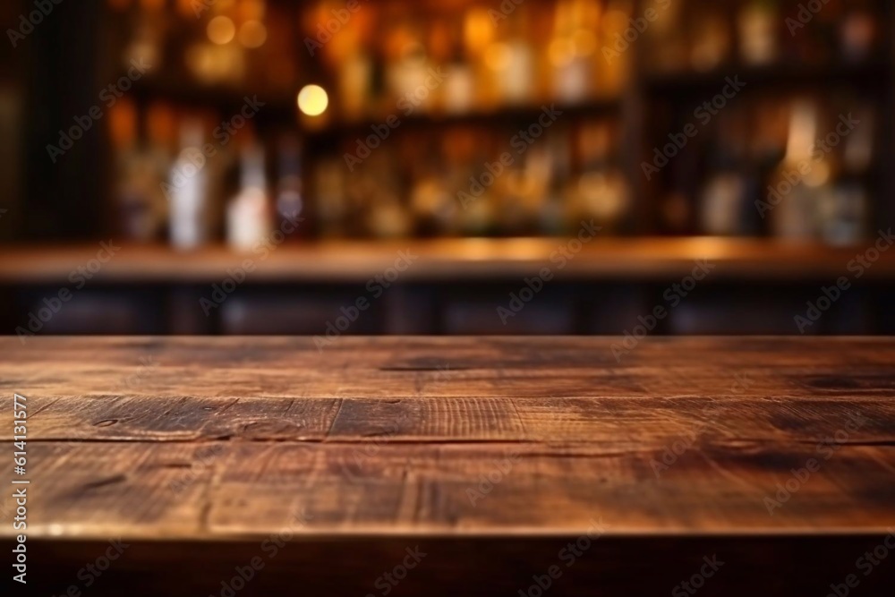 blurred background of bar and dark brown desk space of retro wood Generative AI