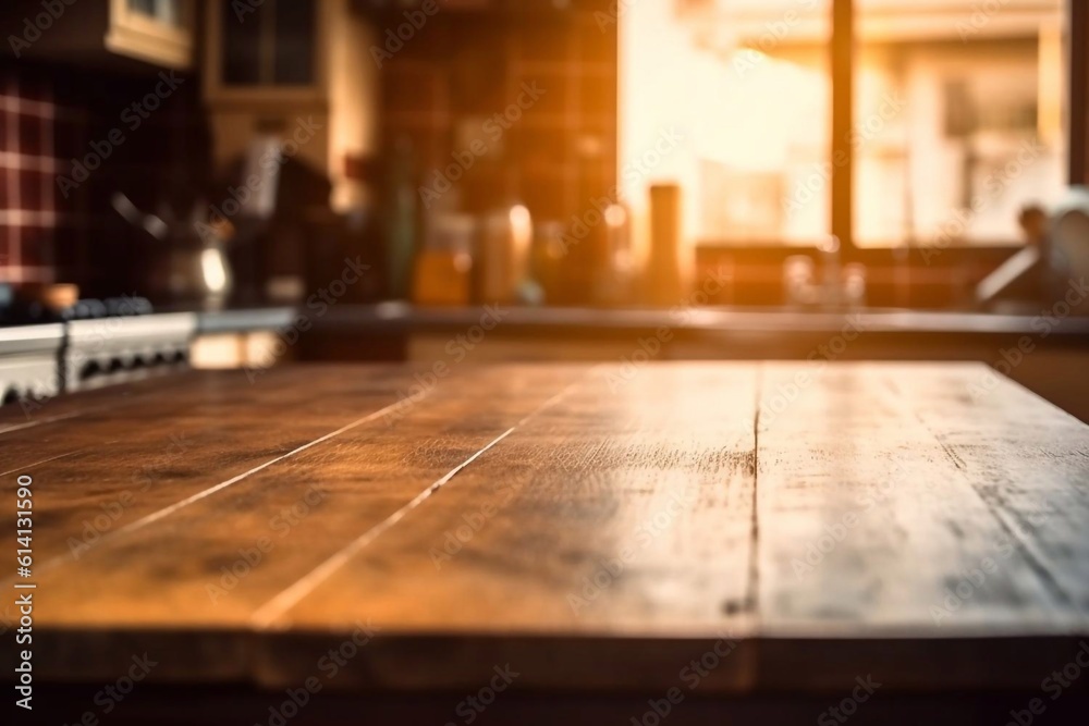 The background image of a wooden table with a blurry background can be used for editing in graphics to showcase your products. Generative AI