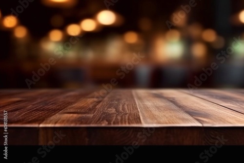 blurred background of bar and dark brown desk space of retro wood Generative AI