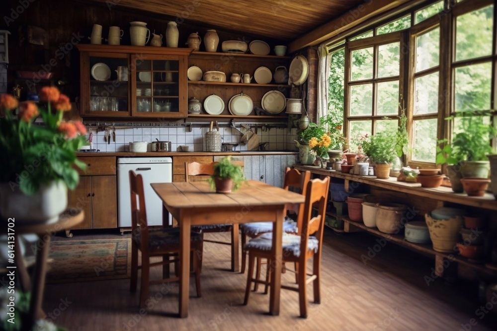 Interior of kitchen with glowing Christmas trees, dining table and counters Generative AI Interior of kitchen with glowing Christmas trees, dining table and counters Generative AI