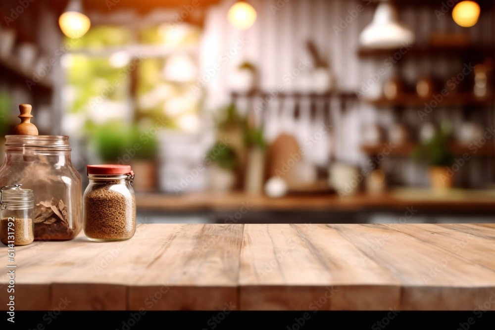 Kitchen table top with empty space for you products or decoration and blurred kitchen furniture background. Generative AI Kitchen table top with empty space for you products or decoration and blurred kitchen furniture background. Generative AI