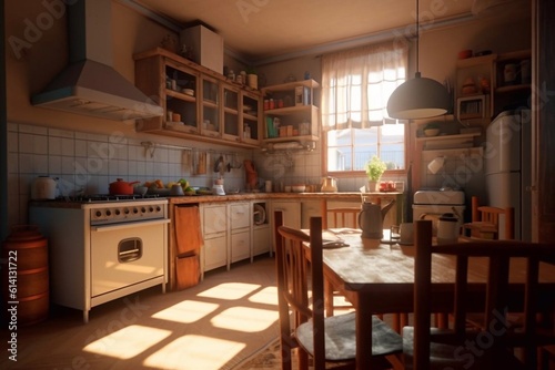Beautiful kitchen interior with served dining table Generative AI
