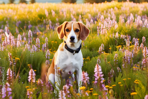 Colorful Canine: Beagle Poses amidst a Field of Vibrant Blooms © aprilian