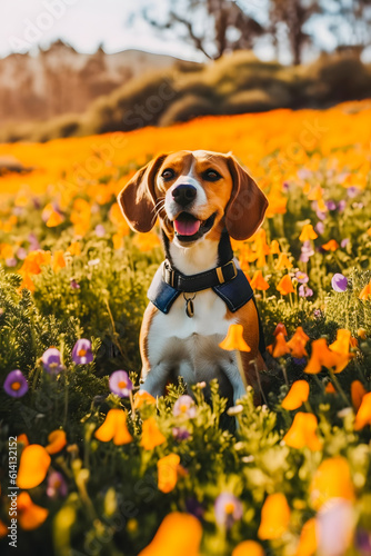 Colorful Canine: Beagle Poses amidst a Field of Vibrant Blooms
