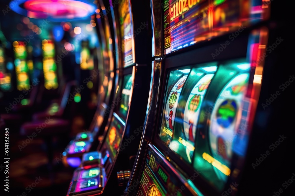 A close - up shot of a row of slot machines in a casino, showcasing their flashing lights and inviting buttons. Generative AI