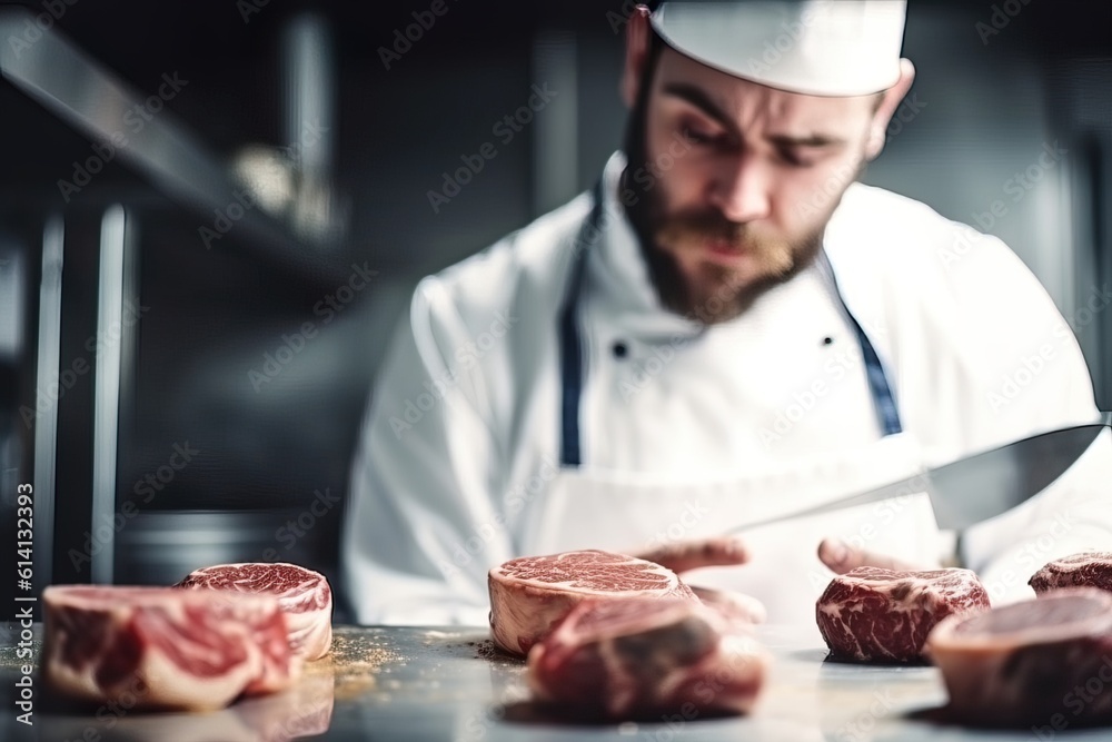 Raw meat steak and blurred chef in restaurant kitchen.. Generative AI Raw meat steak and blurred chef in restaurant kitchen.. Generative AI
