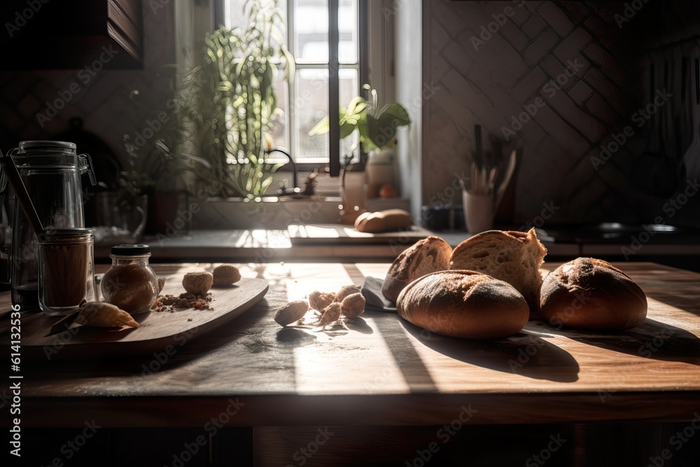 Baguettes made in a Boulangerie in France on a table. Generative AI Baguettes made in a Boulangerie in France on a table. Generative AI