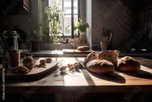 Baguettes made in a Boulangerie in France on a table. Generative AI
