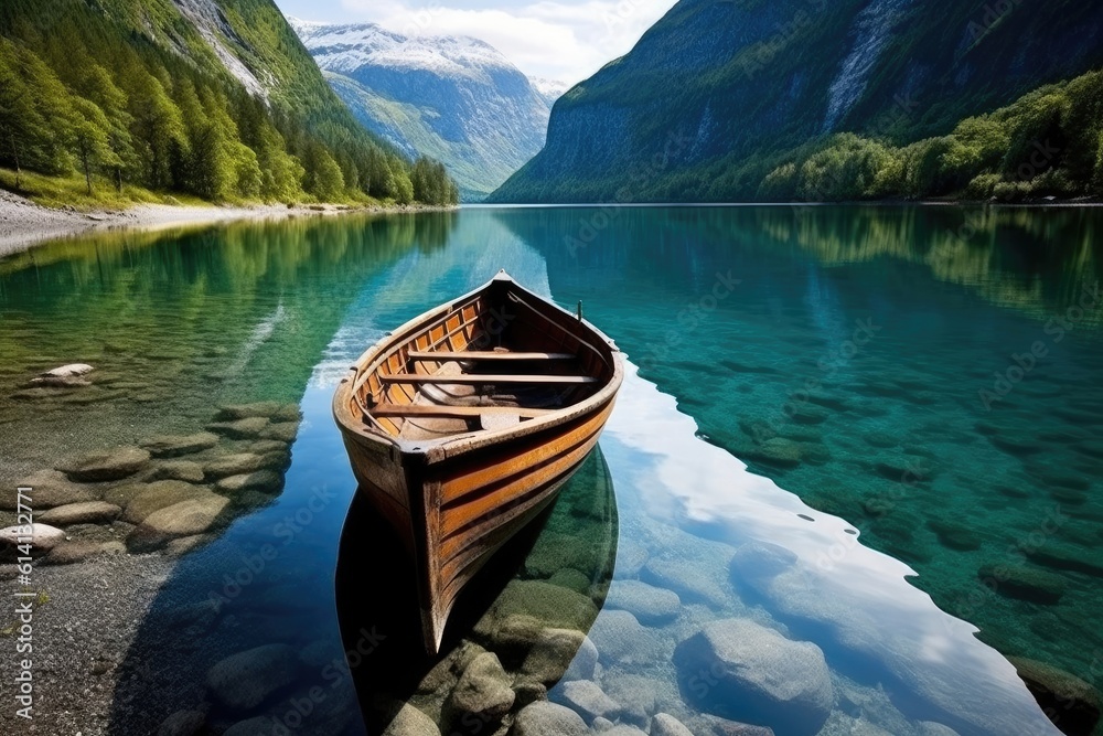 Breathtaking Norway Landscape: Mountain Lake with Boat