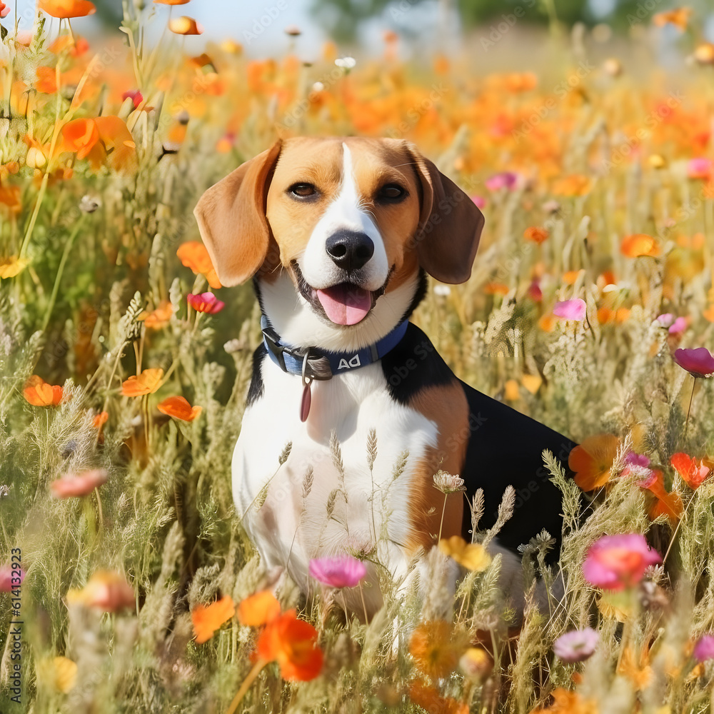Pet and Petals: Charming Beagle Explores a Vibrant Floral Setting