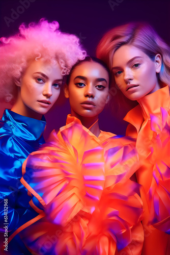 3 diverse women in neon fashion orange, blue, pink, models made with generative ai