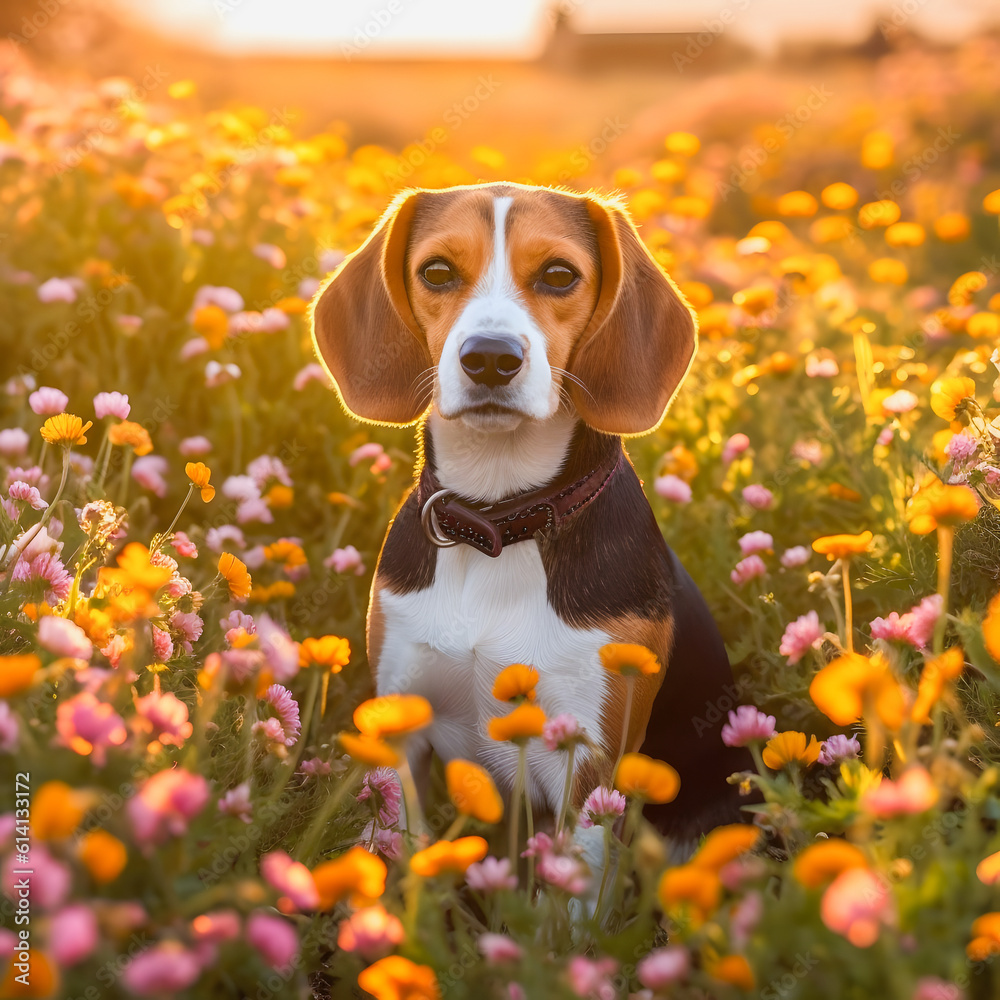 Blooming Beauty: Adorable Beagle Enjoys Nature's Colorful Flower Field